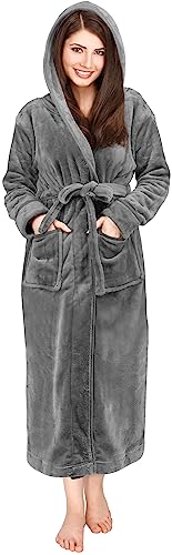 NY Threads Damen-Bademantel aus Fleece mit Kapuze, langer Plüsch-Bademantel, stahlgrau, 36 von NY Threads