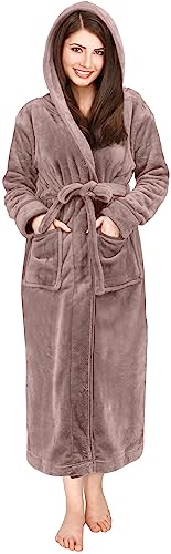 NY Threads Damen-Bademantel aus Fleece mit Kapuze, langer Plüsch-Bademantel, taupe, 38 von NY Threads