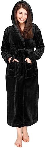 NY Threads Frauen Fleece Kapuzen-Bademantel - Plüsch Lange Robe, Schwarz, Medium von NY Threads