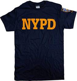 NYC FACTORY NYPD T-Shirt, kurzärmelig, Gelb bedruckt, mit Ärmelabzeichen, Marineblau Gr. L, navy von NYC FACTORY