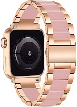 NYENEIL Armband Kompatibel mit Apple Watch Armband 42mm 38mm 40mm 44mm Harz Verstellbare Edelstahl Ersatzbänder für die iWatch Serie 6&5/4/3/2/1,SE (Rose gold +pink, 42/44MM) von NYENEIL