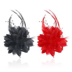 2 Stück Stoff-Rosen-Haarspangen, Blumen-Haar-Accessoires, Feder-Haarspangen, Damen-Haarspangen, Damen-Feder-Haarspangen, Mode-Party-Haar-Accessoires (Schwarz, Rot) von NYGGTYK