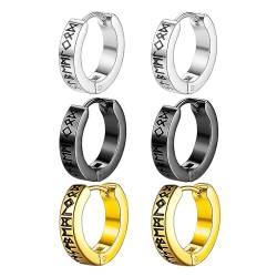 3 Paar Wikinger-Ohrringe, Retro-Ohrringe aus Edelstahl, nordische Runen-Ohrringe, personalisiertes Design, geeignet für Männer und Frauen (Schwarz, Stahl, Gold) von NYGGTYK