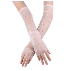 NYGGTYK 1 Paar Perlennetzhandschuhe, Perlenhandschuhe, Lange Fingerlose Handschuhe, Transparente Tüllhandschuhe, Geeignet Für Hochzeitskleid (Weiß) von NYGGTYK