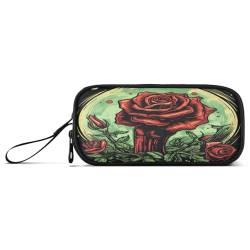 NYYYTTTEU Grüner Mond, Rote Rose, Aquarell-Kunstwerk Federmäppchen Federtaschen Mäppchen Schlamperbox Tasche für Jungen Mädchen Schüler von NYYYTTTEU