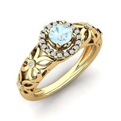Sterling Silber 925 Aquamarin Runder 5.00mm Vintage Ring Mit Gelbgold vergoldet | Hochzeits, Jubiläums Und Verlobungskollektion (52) von NYZA JEWELS