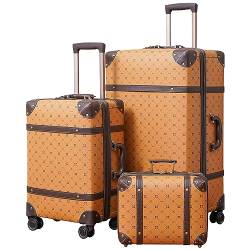 NZBZ Vintage Gepäck-Set, Handgepäck, niedlicher Koffer mit rollenden Spinnrollen, TSA-Schloss, Gepäck, 3-teilig, Orange / Braun, 14inch & 20inch & 28inch, Vintage-Gepäck mit Reißverschluss von NZBZ