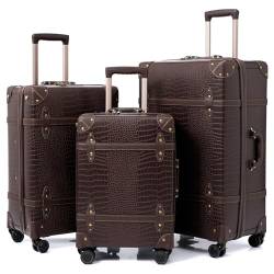 NZBZ Vintage Gepäcksets für Damen und Herren Retro Koffer Kofferraum Gepäck 3-teilig mit TSA-Schloss, Braun Alligator, 20inch & 24inch & 28inch, Vintage-Gepäck mit Reißverschluss von NZBZ