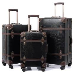 NZBZ Vintage Gepäcksets für Damen und Herren Retro Koffer Kofferraum Gepäck 3-teilig mit TSA-Schloss, Schwarzer Alligator, 20inch & 24inch & 28inch, Vintage-Gepäck mit Reißverschluss von NZBZ