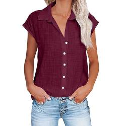 Angebote des Tages Heute blitzangebote Musselin Bluse Damen V-Ausschnitt Tshirt mit Knöpfen Vintage Einfarbig Leinenbluse Sommer Oberteile Kurzarm Hemdbluse Baumwolle Leinen Shirt Große Blusen von NZYIHAO