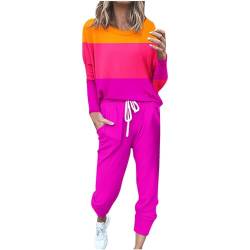 Jogginganzug Damen Set Gestreift Pullover Farbblock Jogginghose Langarm Hausanzug Locker Loungewear Rundhals Langarmshirt Winter Trainingsanzug WeicherSportanzug Tracksuit Jogging Anzug Lange Hose 5XL von NZYIHAO