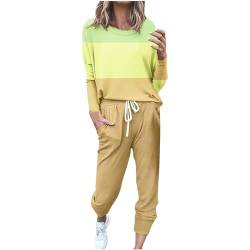 Jogginganzug Damen Set Gestreift Pullover Farbblock Jogginghose Langarm Hausanzug Locker Loungewear Rundhals Langarmshirt Winter Trainingsanzug WeicherSportanzug Tracksuit Jogging Anzug Lange Hose 5XL von NZYIHAO