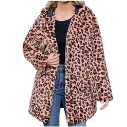 Kunstpelz Mantel Damen Leopard Druck Winterjacke Mode Kunstfell Jacke Langarm Winter Übergangsjacke Große Größen Pelzmantel Dicke Warme Wintermantel Pelzjacke mit Kapuze Felljacke Fellmantel Outwear von NZYIHAO