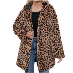 Kunstpelz Mantel Damen Leopard Druck Winterjacke Mode Kunstfell Jacke Langarm Winter Übergangsjacke Große Größen Pelzmantel Dicke Warme Wintermantel Pelzjacke mit Kapuze Felljacke Fellmantel Outwear von NZYIHAO