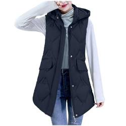 Lange Daunenweste Damen Einfarbig Ärmellos Steppweste Schlanke Weste mit Kapuze Große Größen Winterweste Dicke Warme Longweste Zip Up Winterjacke Herbst Winter Übergangsjacke Taschen Jacke Steppjacke von NZYIHAO