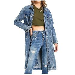 Lange Jeansjacke Damen Vintage Einfarbig Denim Jacke Große Größen Jeansmantel Jeans Trenchcoat Langarm Revers Übergangsjacke Einreihige Windjacke Locker Herbstjacke Herbst Winter Mantel mit Taschen von NZYIHAO