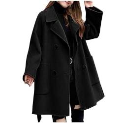 Lange Wolljacke Damen Elegant Einfarbig Winterjacke Zweireihiger Jacke mit Verstellbarer Gürtel Warme Übergangsjacke Winter Wollmantel Locker Wintermantel Langarm Reverskragen Mantel Taschen Outwear von NZYIHAO