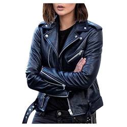 Lederjacke Damen Mode Kurz Motorradjacke Einfarbig Leder Jacke Langarm Leichte Übergangsjacke Reverskragen Kunstlederjacke mit knöpfen Reißverschluss Bikerjacke Bomberjacke Outdoorjacke Outwear von NZYIHAO