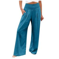 Leinenhose Damen Damen Leinenhose Sommer Einfarbig Hose High Waist Weites Bein Sommerhose Baumwolle Leinen Stoffhose Elastische Freizeithose Lang Strandhose Boho Hosen mit Taschen Lose Sporthose von NZYIHAO