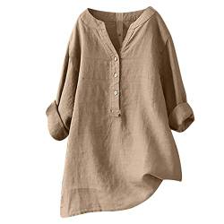 NZYIHAO Blusen & Tuniken für Damen Musselin Bluse Damen Elegant Einfarbig Tshirt V-Ausschnitt Leinenbluse mit Knöpfen Sommer Hemdbluse Baumwolle Leinen Shirts Oversize Oberteile Große Größen Blusen von NZYIHAO