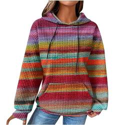 NZYIHAO Damen Baumwolle Hoodie Causal Langarm Kapuzenpullover Herbst Winter Warm Pullover Vintage Bunte Print Sweatshirt mit Kapuze Pulli Oberteile Mode Waffel Kapuzenpulli mit Taschen Outwear von NZYIHAO