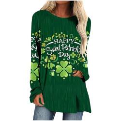 St. Patrick's Day Longshirt Damen Lange Pullover Irischer Kleeblatt Druck Bluse Lose Oberteile Casual Tunika Basic Shirt Pulli Tops mit Rundhalsausschnitt Wichtel Langarmshirt Laufshirt T-Shirt von NZYIHAO