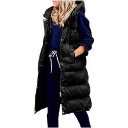 Steppweste Damen Ärmellos Weste Einfarbig Winterjacke Lange Jacke mit Kapuze Große Größen Übergangsjacke Warme Steppjacke Locker Wintermantel Winter Longweste Zip Up Steppmantel Taschen Mantel von NZYIHAO