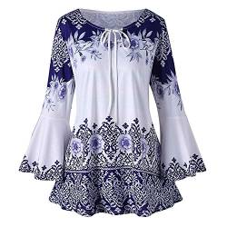 Tunika Damen Ethno Stil Pullover Oberteile mit Volant Ärmel Blumen Druck Langarmshirt Lange Locker Bluse Große Größen Shirt O-Ausschnitt Pulli Aushöhlen Tops Sommer Streetwear Festliche Kostüm von NZYIHAO