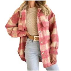 Wolljacke Damen Karierte Druck Winterjacke Mode Hemdjacke Langarm Revers Jacke Herbst Winter Übergangsjacke Einreihige Strickjacke Lange Wintermantel Warm Karohemd Locker Wollmantel Mantel mit Taschen von NZYIHAO