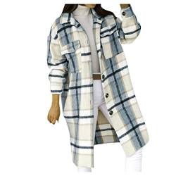 Wollmantel Damen Lange Karierte Druck Winterjacke Langarm Einreihige Jacke Freizeit Reverskragen Trenchcoat Übergangsjacke Weicher Wolljacke Herbst Winter Übergangsmantel Open Front Windjacke Mantel von NZYIHAO