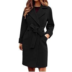 Wollmantel Damen Lange Winterjacke Elegant Einfarbig Trenchcoat Langarm Reverskragen Jacke Dicke Warme Wolljacke Windbreaker mit Verstellbarer Gürtel Locker Wintermantel Windjacke Mantel Outwear von NZYIHAO