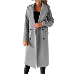 Wollmantel Damen Lange Winterjacke Elegant Einfarbig Trenchcoat Langarm Reverskragen Jacke Dicke Warme Wolljacke Windbreaker mit Verstellbarer Gürtel Locker Wintermantel Windjacke Mantel Outwear von NZYIHAO