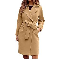 Wollmantel Damen Lange Winterjacke Elegant Einfarbig Trenchcoat Langarm Reverskragen Jacke Dicke Warme Wolljacke Windbreaker mit Verstellbarer Gürtel Locker Wintermantel Windjacke Mantel Outwear von NZYIHAO