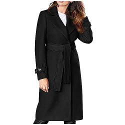 Wollmantel Damen Lange Winterjacke Elegant Einfarbig Trenchcoat Langarm Reverskragen Jacke Dicke Warme Wolljacke Windbreaker mit Verstellbarer Gürtel Locker Wintermantel Windjacke Mantel Outwear von NZYIHAO