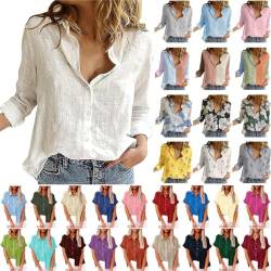 button down hemd Leinenhemd Damen Elegant Einfarbig Bluse V-Ausschnitt Button Down Hemd Baumwolle Leinen Hemdbluse Sommer Tshirt Tops Leinenbluse mit Knöpfen Kurzarm/Langarm Oberteile Große Blusen von NZYIHAO