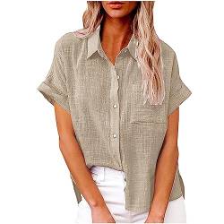 langarmshirt damen v-ausschnitt Leinenhemd Damen Elegant Einfarbig Bluse V-Ausschnitt Button Down Hemd Baumwolle Leinen Hemdbluse Sommer Tshirt Tops Leinenbluse mit Knöpfen Kurzarm/Langarm Blusen von NZYIHAO