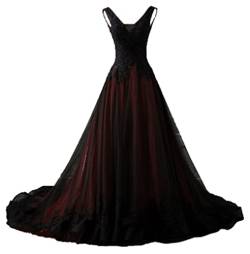 NaTengs Damen Applique Gothic Hochzeitskleid V Ausschnitt A Linie Brautkleid mit Schleppe, burgunderfarben, 38 von NaTengs