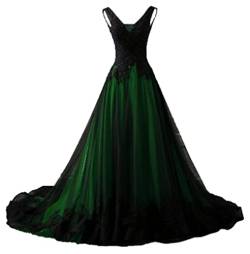NaTengs Damen Applique Gothic Hochzeitskleid V Ausschnitt A Linie Brautkleid mit Zug, dunkelgrün, 42 von NaTengs