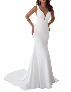 NaTengs Damen V-Ausschnitt Meerjungfrau Hochzeitskleider Ärmellos Slim Lange Brautkleid, weiß, 34 von NaTengs