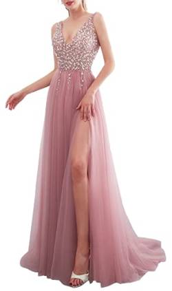 NaTengs Damen V Ausschnitt Perlen-Abendkleid Tüll Ärmellos Ballkleid mit Schlitz, rosa - dusty pink, 46 von NaTengs