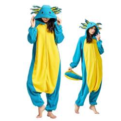 NaVarch Blau Axolotl Kostüm Damen Herren Onesie Plüsch Tierkostüm Erwachsene Ganzkörper Schlafanzug Karneval Jumpsuit Cosplay Fasching Halloween Pyjamas von NaVarch