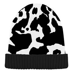 Naanle Damen Beanie-Mütze mit Kuh-Aufdruck, lässig, dehnbar, warm, gestrickt, Wintermütze, Totenkopfmütze, Schwarz, Schwarz , M/L von Naanle