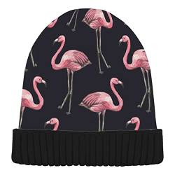 Naanle Vintage Pink Flamingo Damen Beanie Mütze Stretch Slouchy Warm Knit Hats Skully Black Beanie Damen Ski Beanies für Winter Schnee Cap, Schwarz , M/L von Naanle