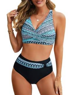 Nadeer Bikini Damen Set Sexy V Ausschnitt Push Up Bikini Zweiteiliger Badeanzug Crossover Hohe Taille Bikini Bademode Strand Bikini(Gedrucktes Muster,XL) von Nadeer