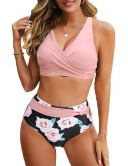 Nadeer Bikini Damen Set Sexy V Ausschnitt Push Up Bikini Zweiteiliger Badeanzug Crossover Hohe Taille Bikini Bademode Strand Bikini(Rosa,S) von Nadeer