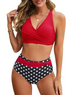 Nadeer Bikini Damen Set Sexy V Ausschnitt Push Up Bikini Zweiteiliger Badeanzug Crossover Hohe Taille Bikini Bademode Strand Bikini(Rot,L) von Nadeer