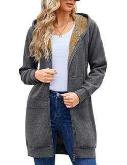 Nadeer Damen Mantel Plüschjacke mit Kapuze Lang Gefüttert Hoodies Plüsch Reißverschluss Mittellang Lässig Warm Fleece Sweatshirt Winter Übergroße Langarm Dehnbare Jacke mit Taschen von Nadeer