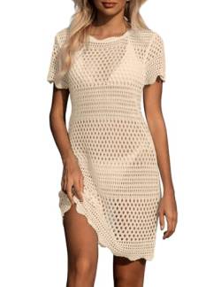 Nadeer Damen Strandkleid Gestrickte Bikini Cover Up Cutout Bademode Crochet Dress Rundausschnitt Strandponcho Sommer(Kaki,M) von Nadeer