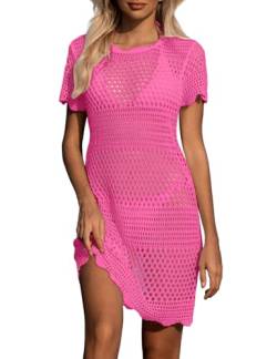 Nadeer Damen Strandkleid Gestrickte Bikini Cover Up Cutout Bademode Crochet Dress Rundausschnitt Strandponcho Sommer(Rosa,M) von Nadeer