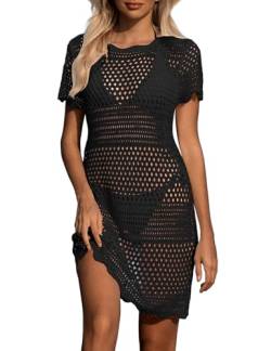 Nadeer Damen Strandkleid Gestrickte Bikini Cover Up Cutout Bademode Crochet Dress Rundausschnitt Strandponcho Sommer(Schwarz,L) von Nadeer